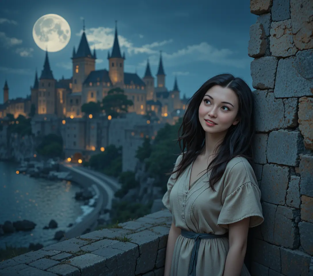 Young woman by a moonlit medieval stone wall
