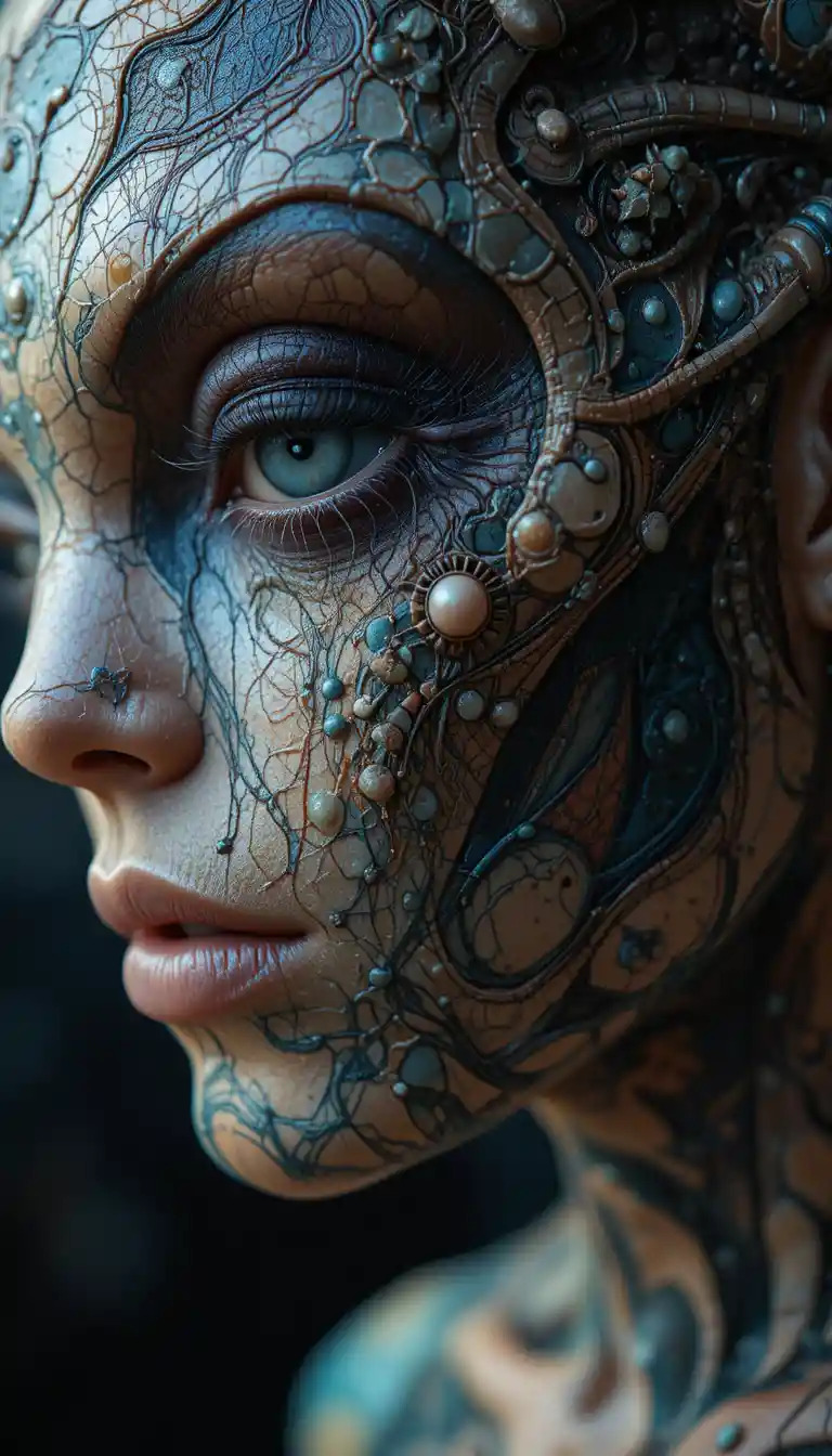 Macro view of alien skin with shifting biomechanical tattoos