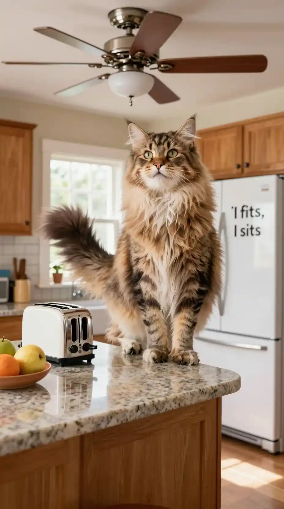 Giant fluffy cat squeezed into a bright family kitchen