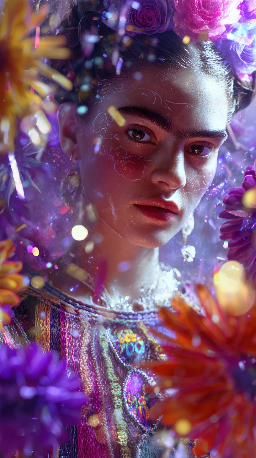 Surreal Cinco de Mayo woman amid floating flowers and light