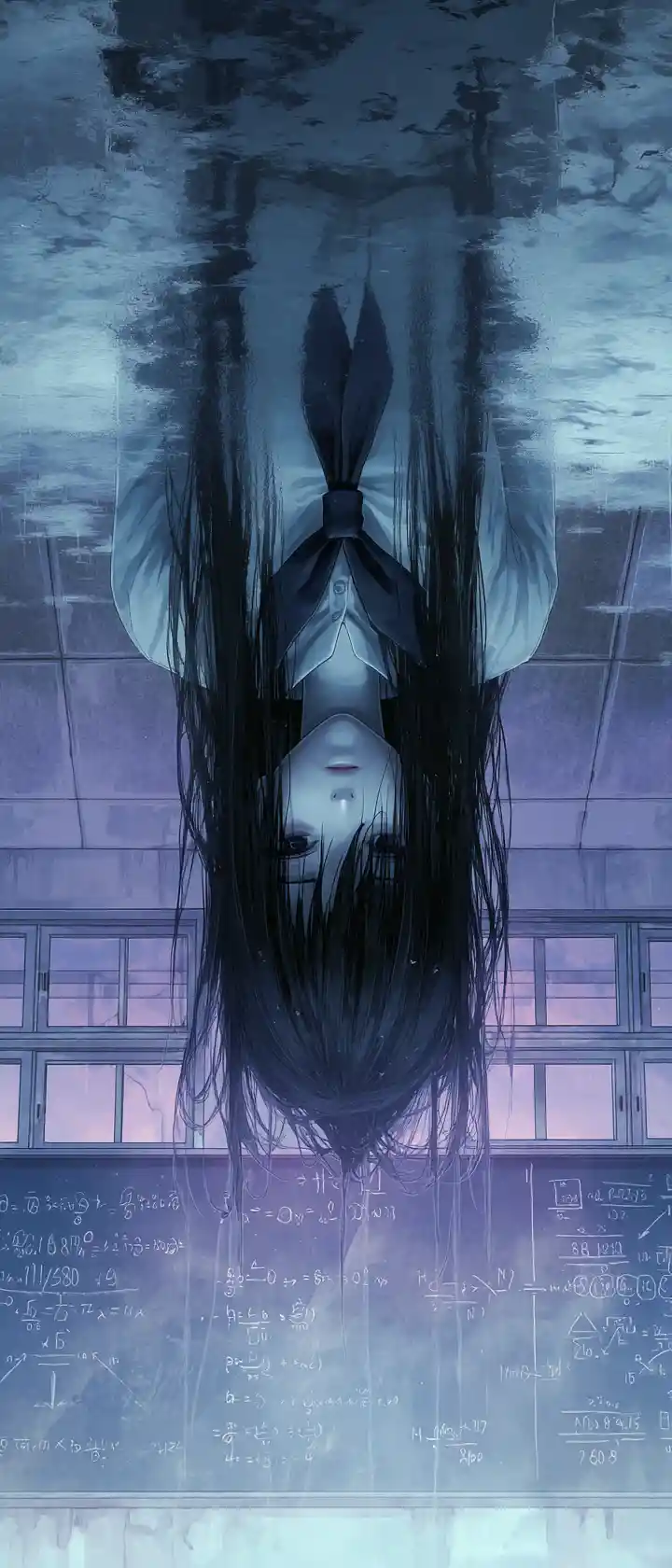 Upside down anime ghost girl in empty moonlit classroom