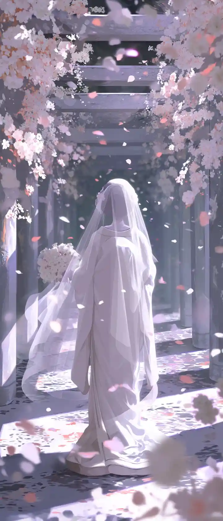 Ghost bride walking through endless cherry blossom tunnel