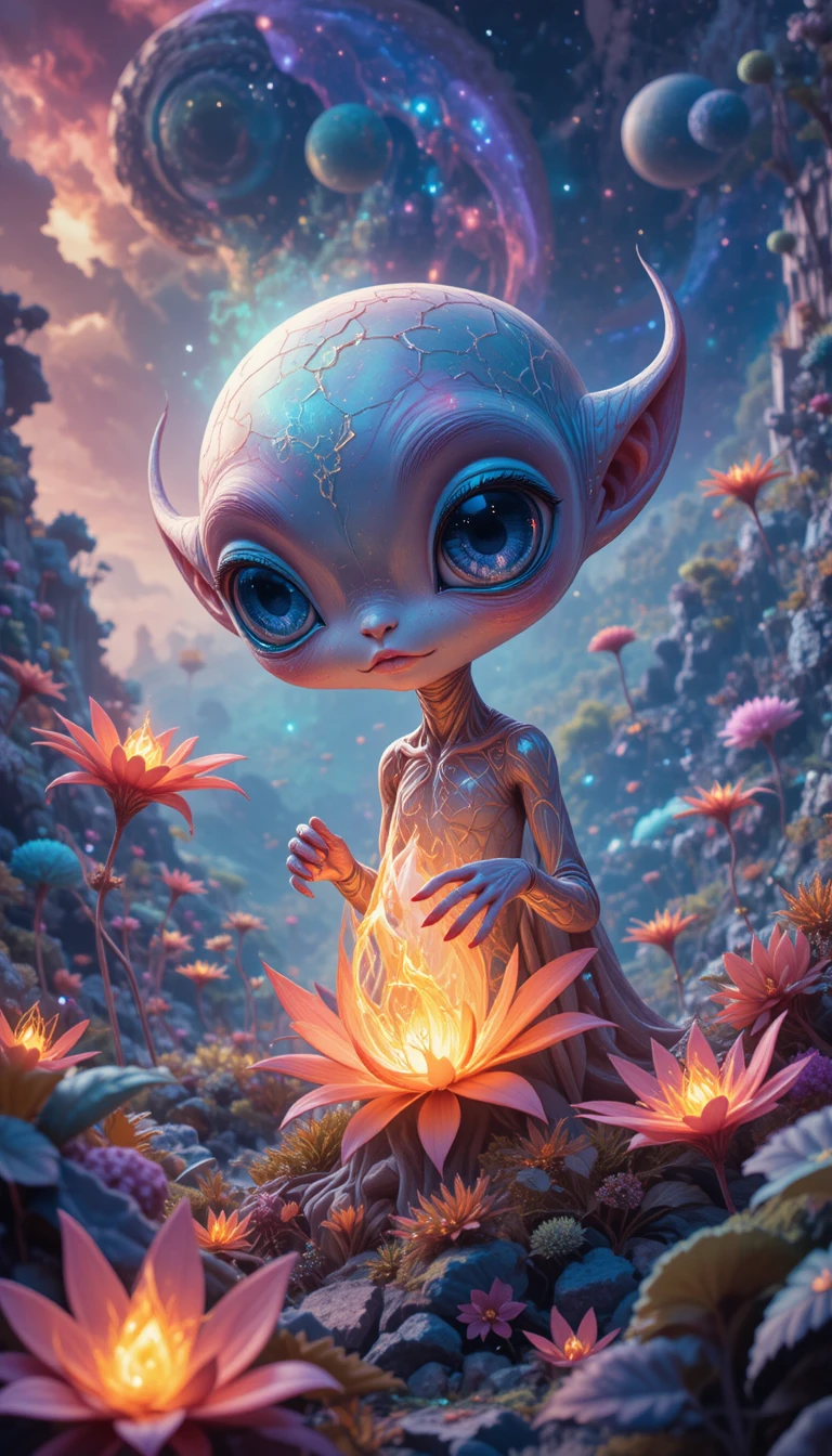 Playful alien exploring glowing flora on distant world