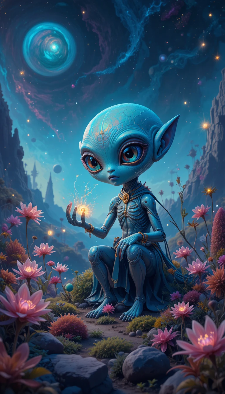 Curious alien exploring glowing flora on distant world