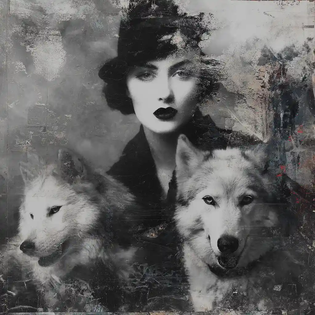 Dadaist minimalist wolf in surreal mixed media collage