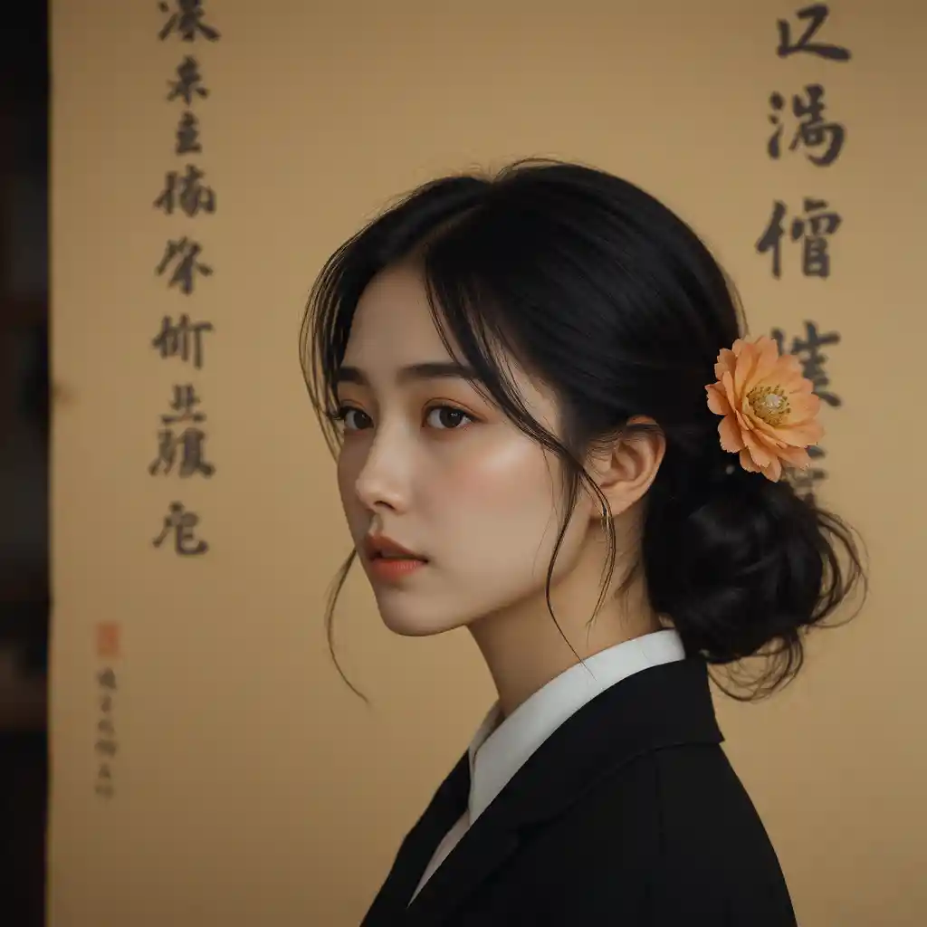 Young woman in black suit with floral hair accessory