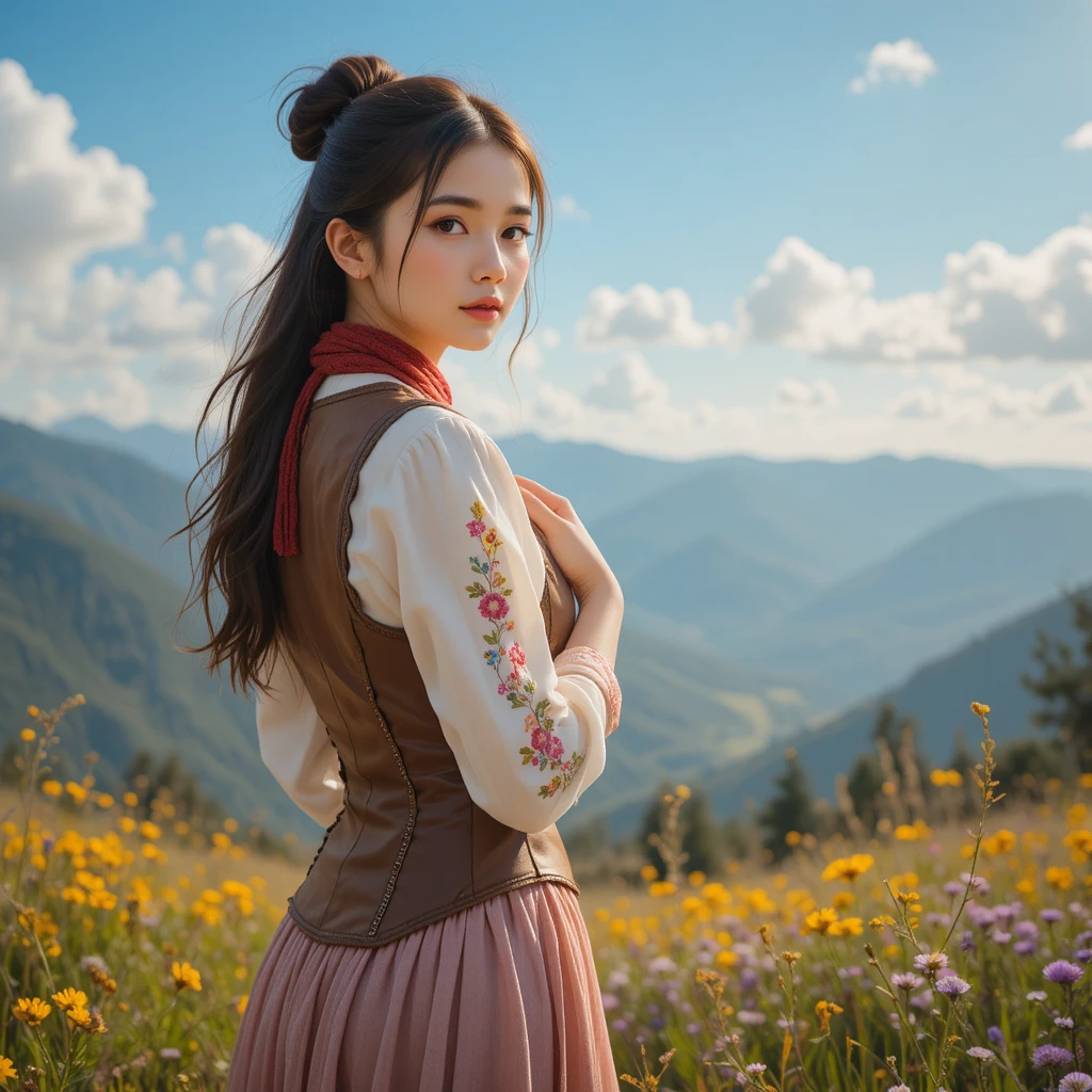 Young woman in embroidered blouse in a sunlit mountain meadow