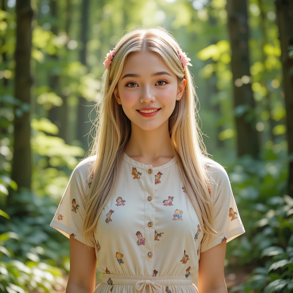 Smiling blonde young woman in a forest setting