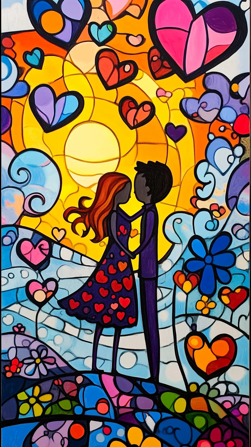 Naive graffiti love story at the seaside sunset collage