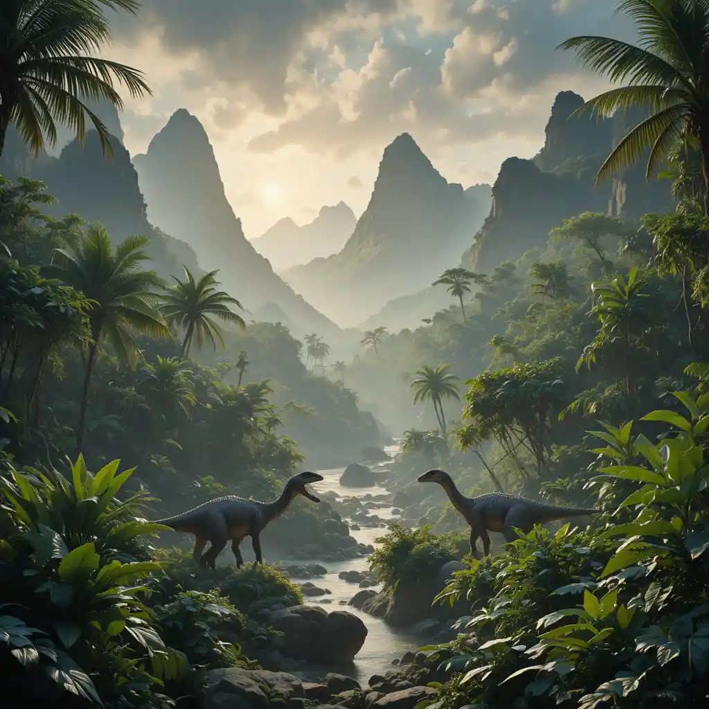 Cinematic Jurassic dinosaurs in lush prehistoric rainforest valley