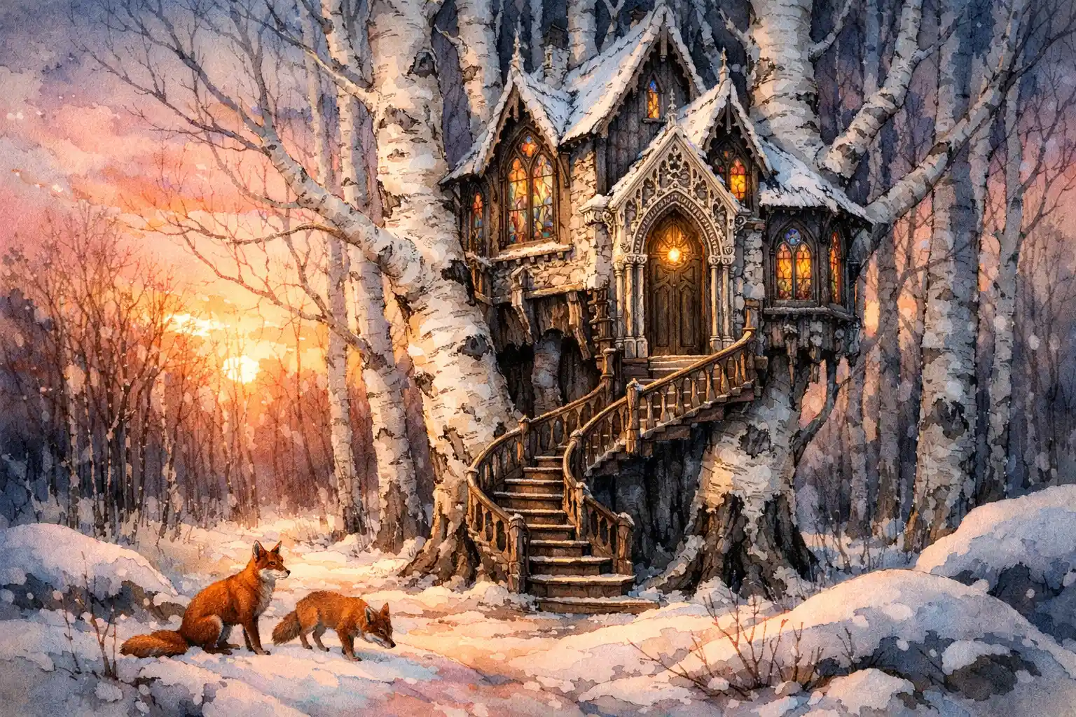 Casa na árvore gótica de bétulas brilhando sobre uma floresta nevada ao amanhecer