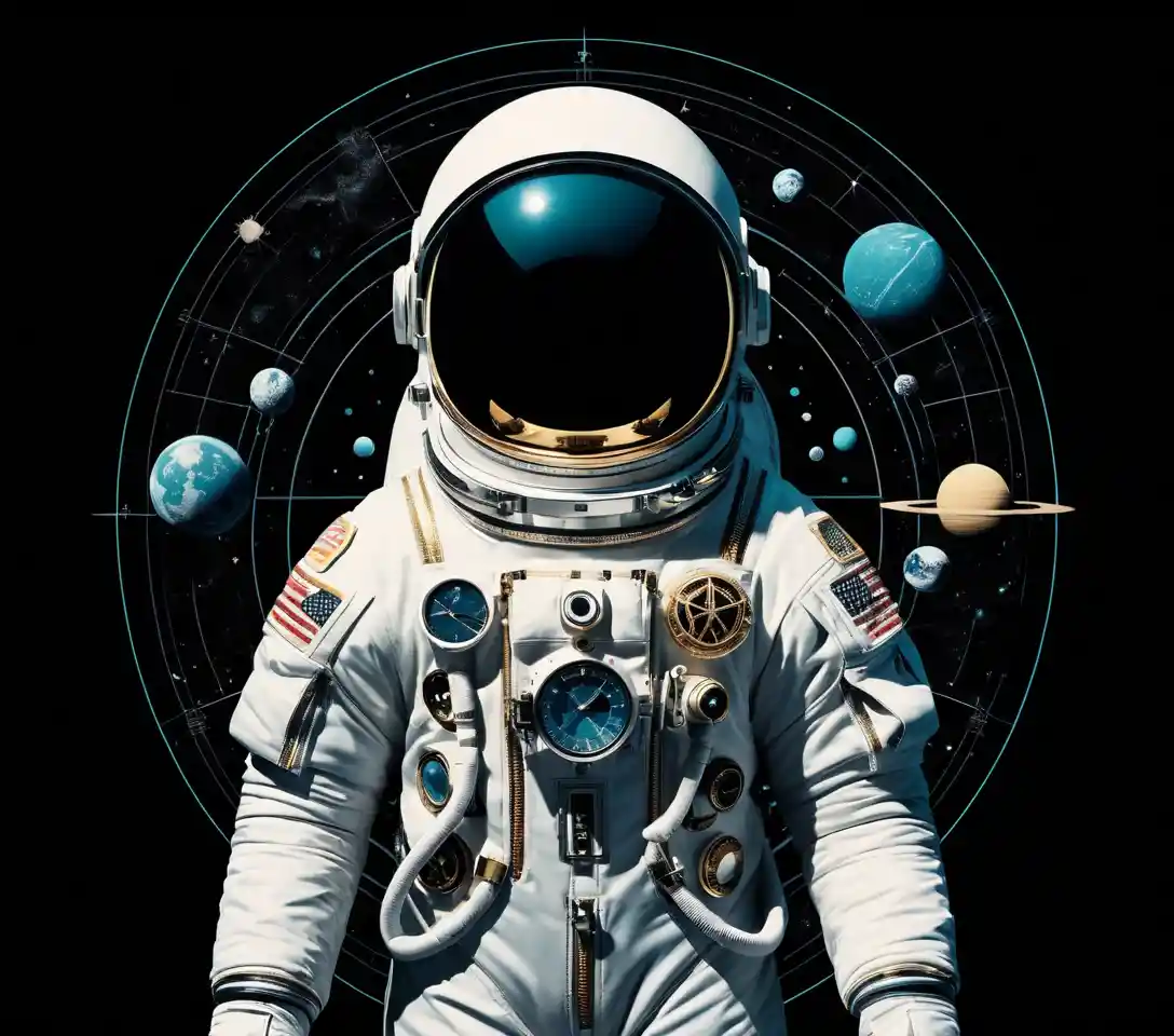 Astronaut silhouette filled with sacred geometry and cosmic symbols