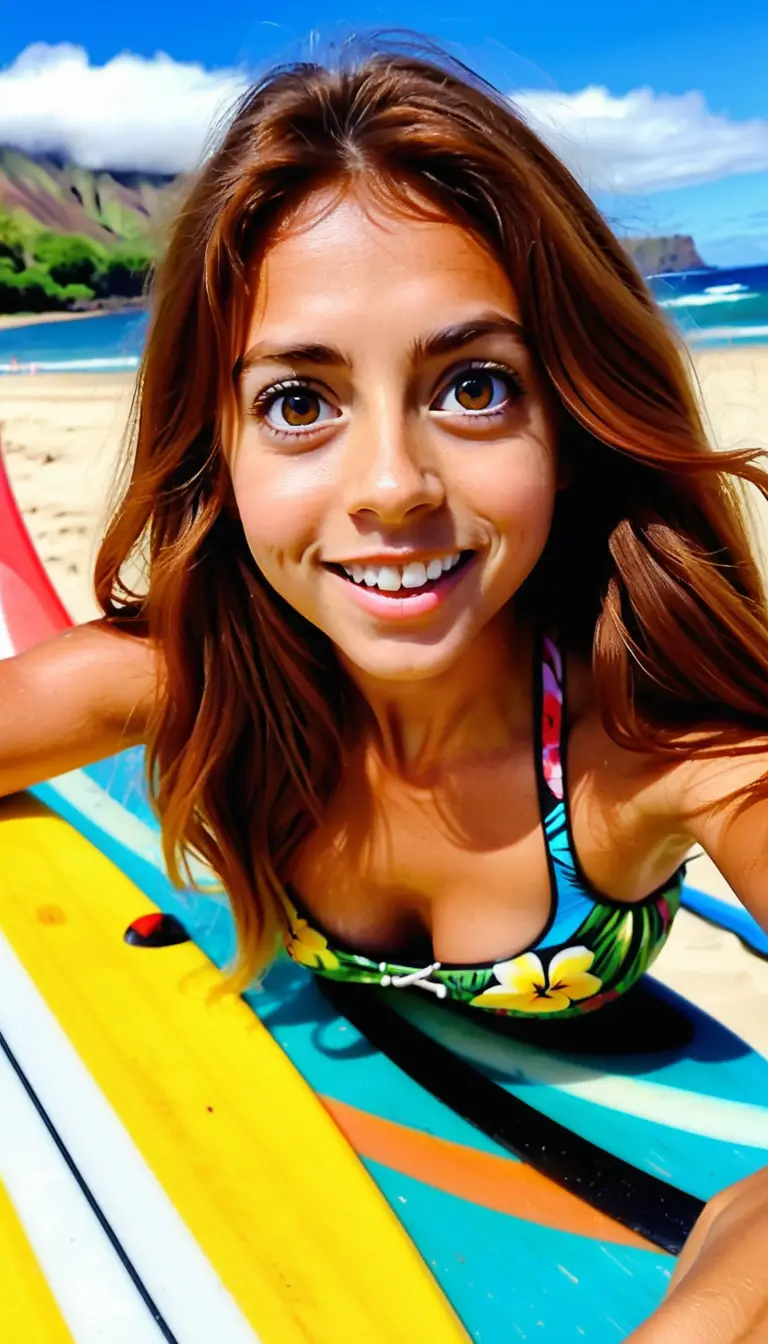Playful beach selfie of a surfing woman with surfboard