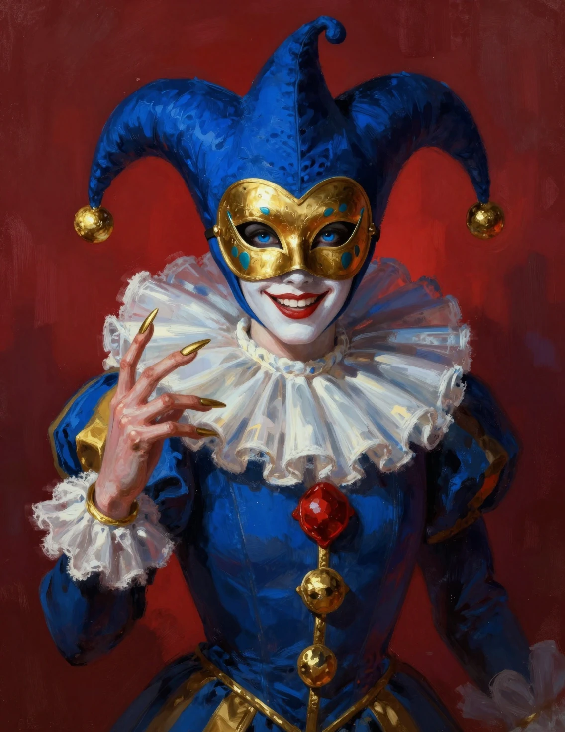 Mysterious harlequin portrait with gold mask and collar