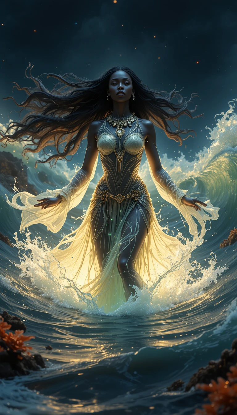Femme afrofuturiste émergeant d’un océan lumineux de nuit