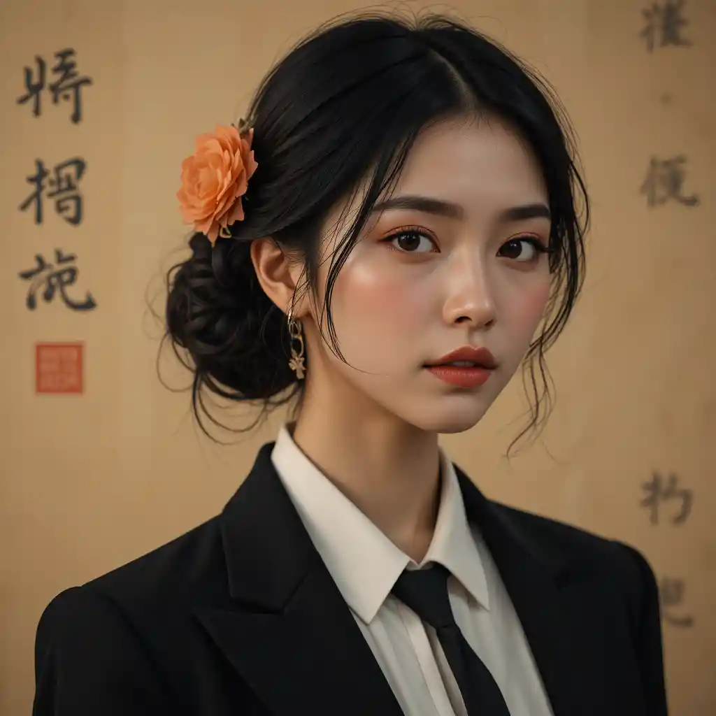 Young woman in black suit with peach flower hairpiece