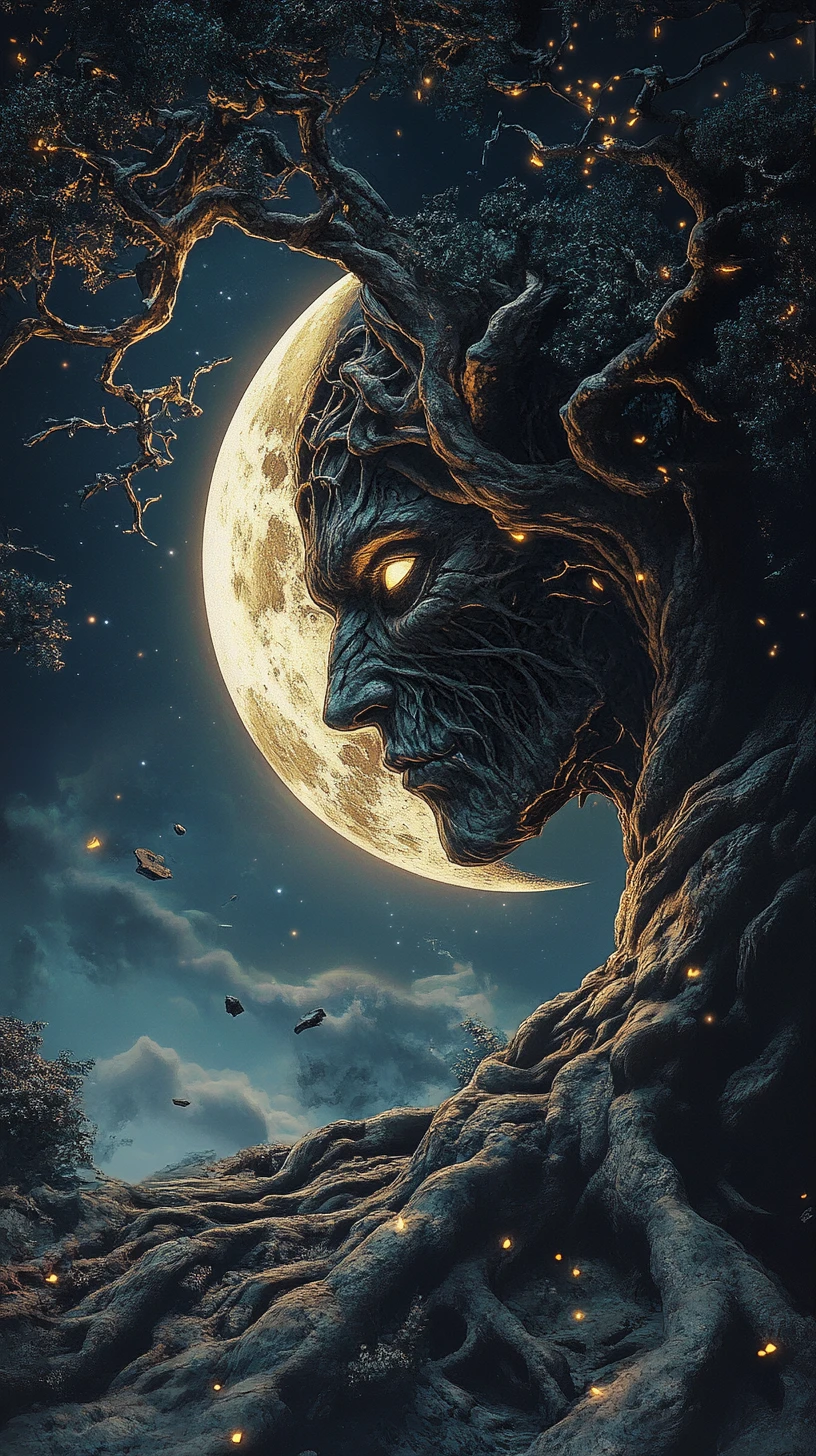 Crescent moon face entwined with a dark cosmic tree
