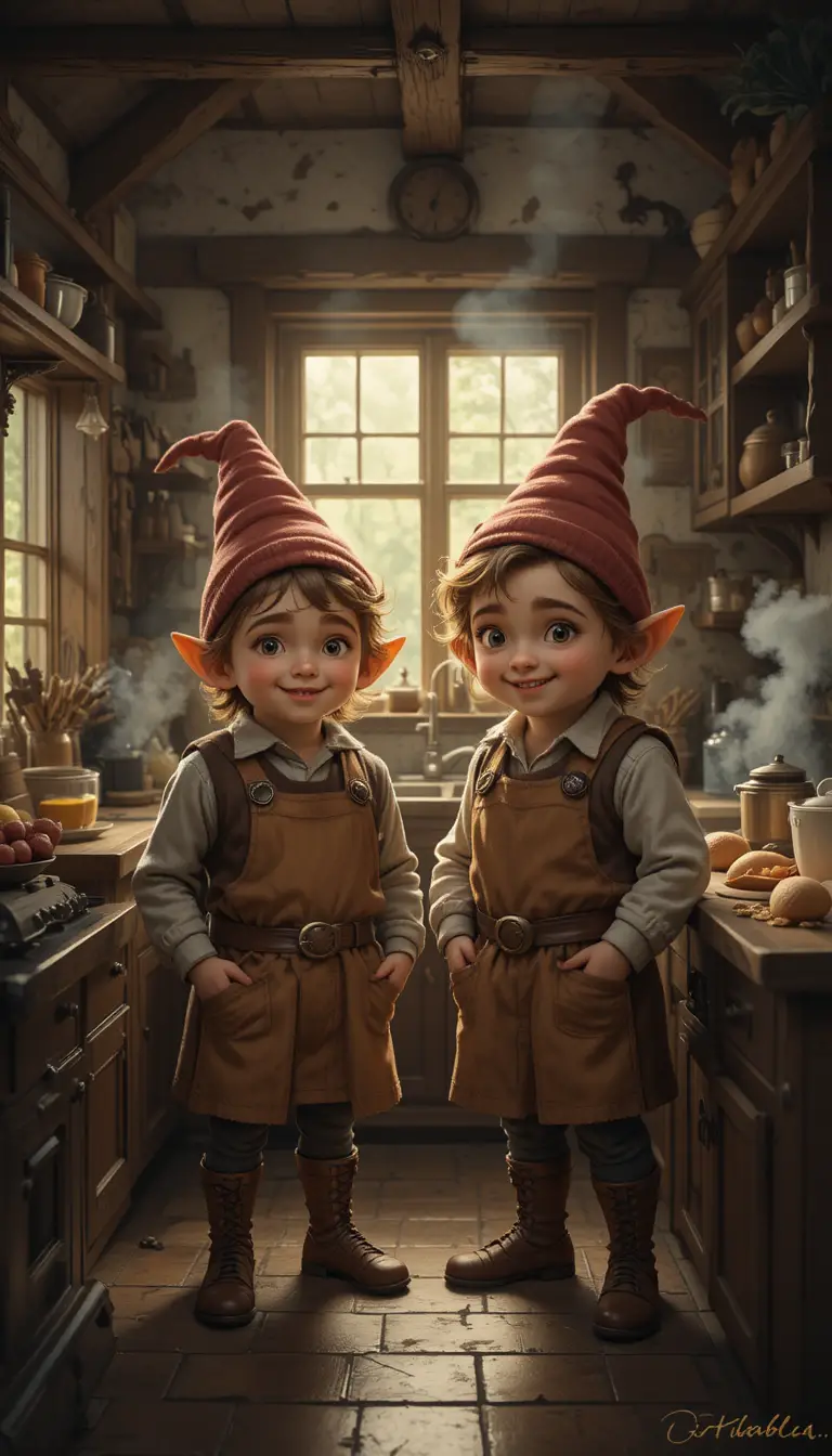 Cheerful halfling brothers in a warm farm kitchen