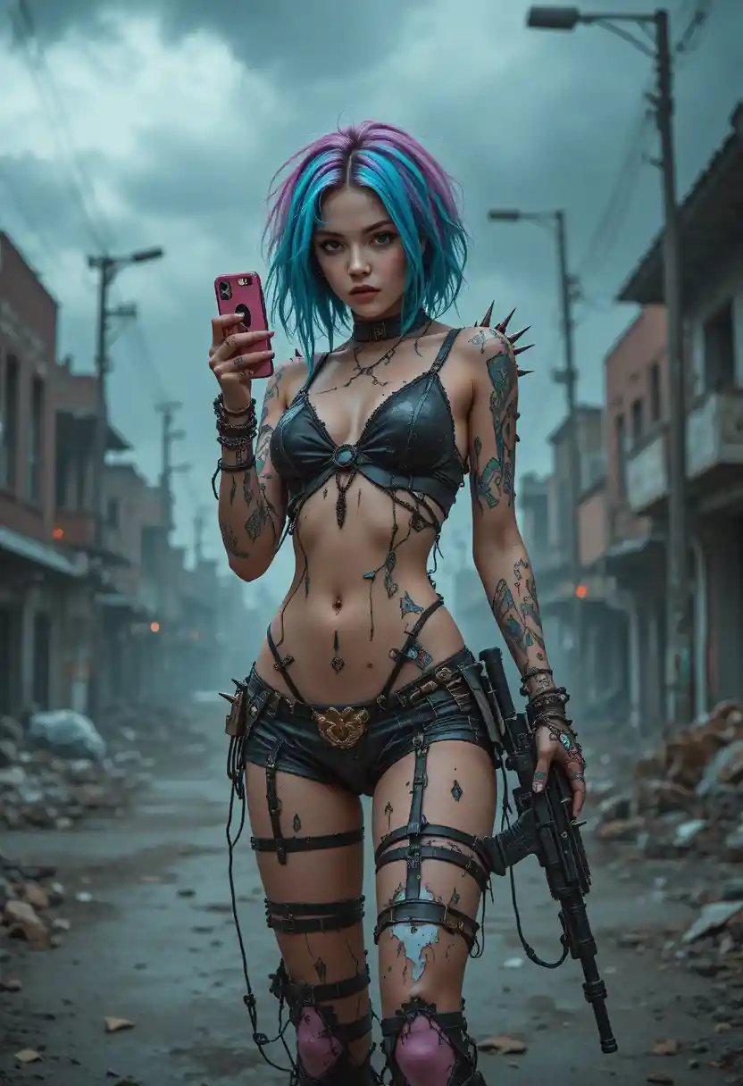 Punk woman with gun in ruined radioactive city street