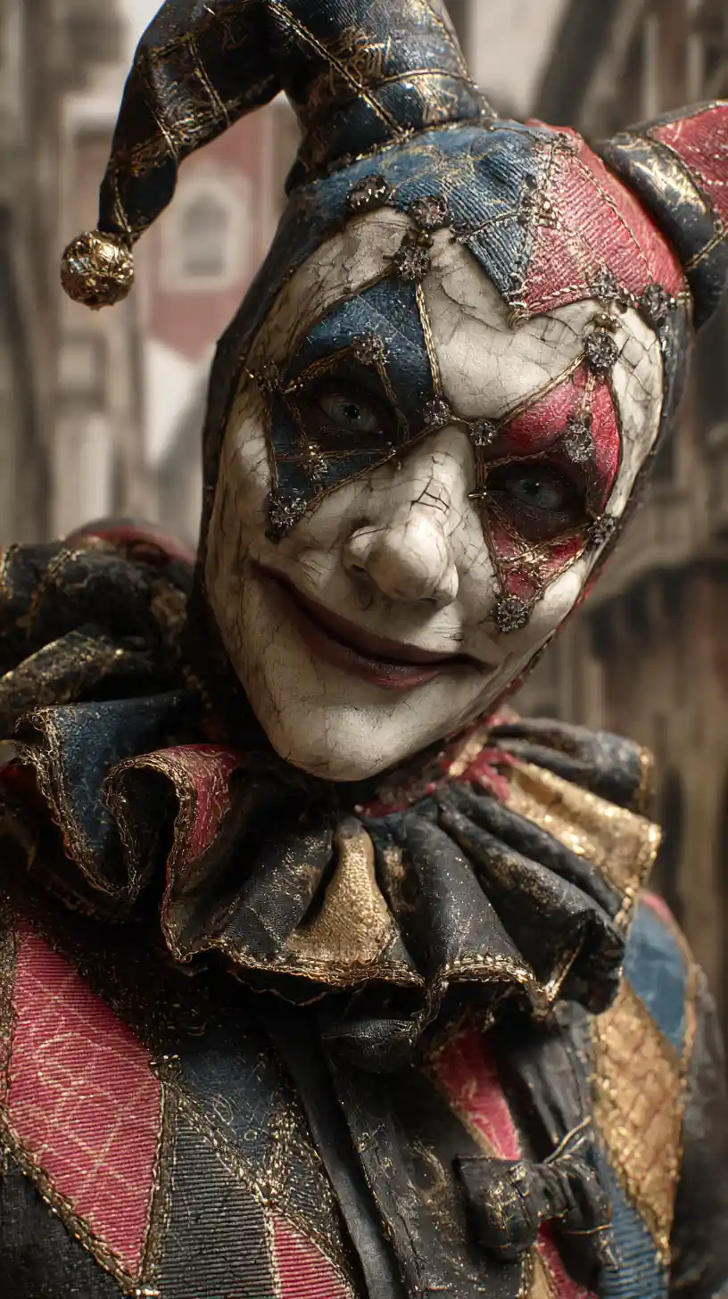 Retrato de máscara de payaso de porcelana terrorífica en calle con niebla