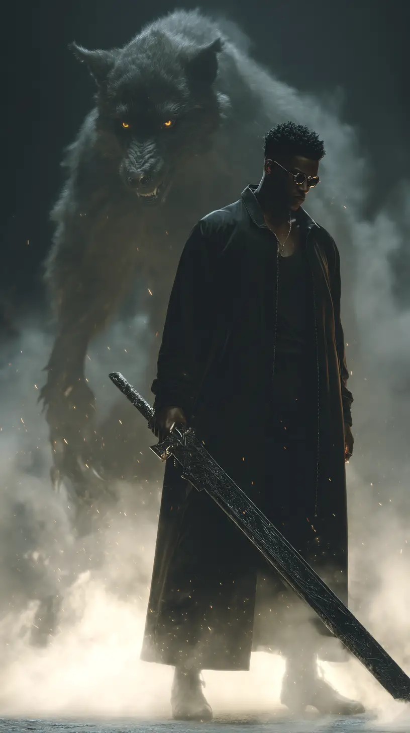 Afrofuturistic man with spirit wolf in cinematic night scene
