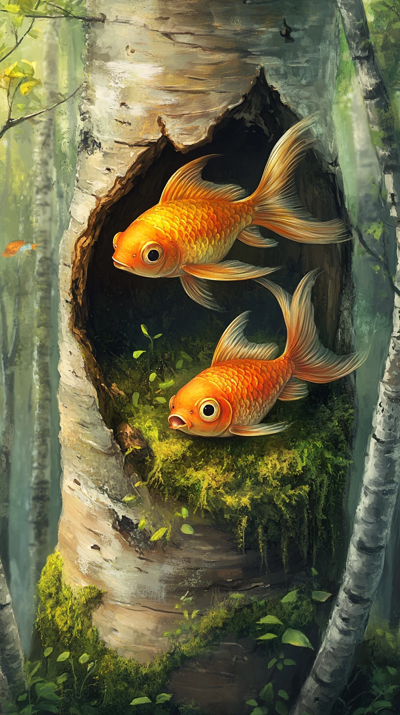 Dos peces naranjas nadando entre musgo dentro de un tronco de árbol en el bosque