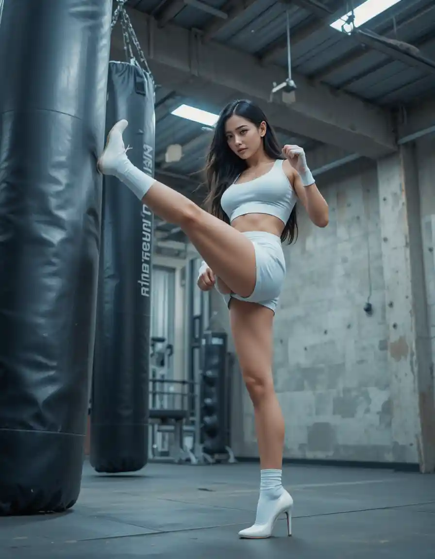 Fit woman high kicking a heavy bag in a gym