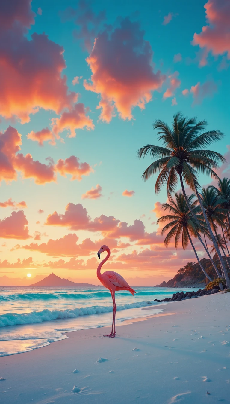 Flamingo cor-de-rosa em uma praia tropical tranquila ao anoitecer