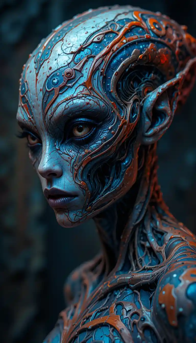 Macro view of tattooed alien skin with shifting patterns