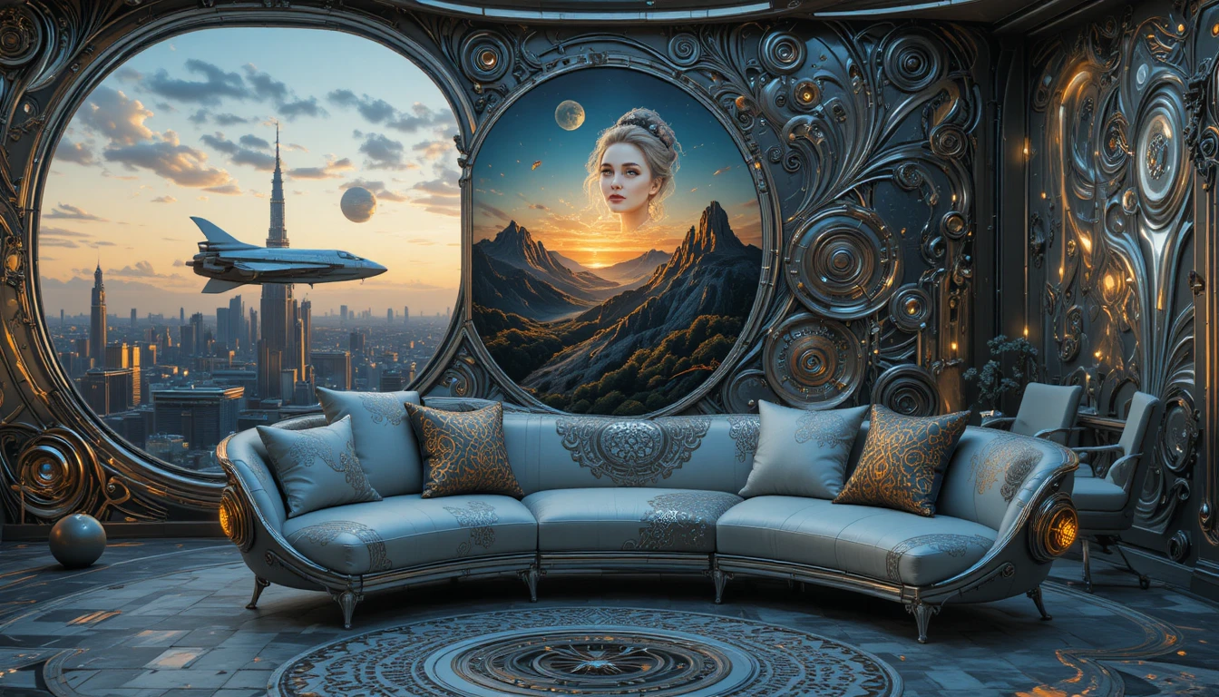 Futuristic baroque lounge with metallic sofa and city view