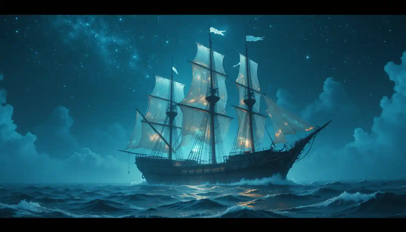 Ethereal Ghost Ship Sailing Across A Mystic Cosmic Sea