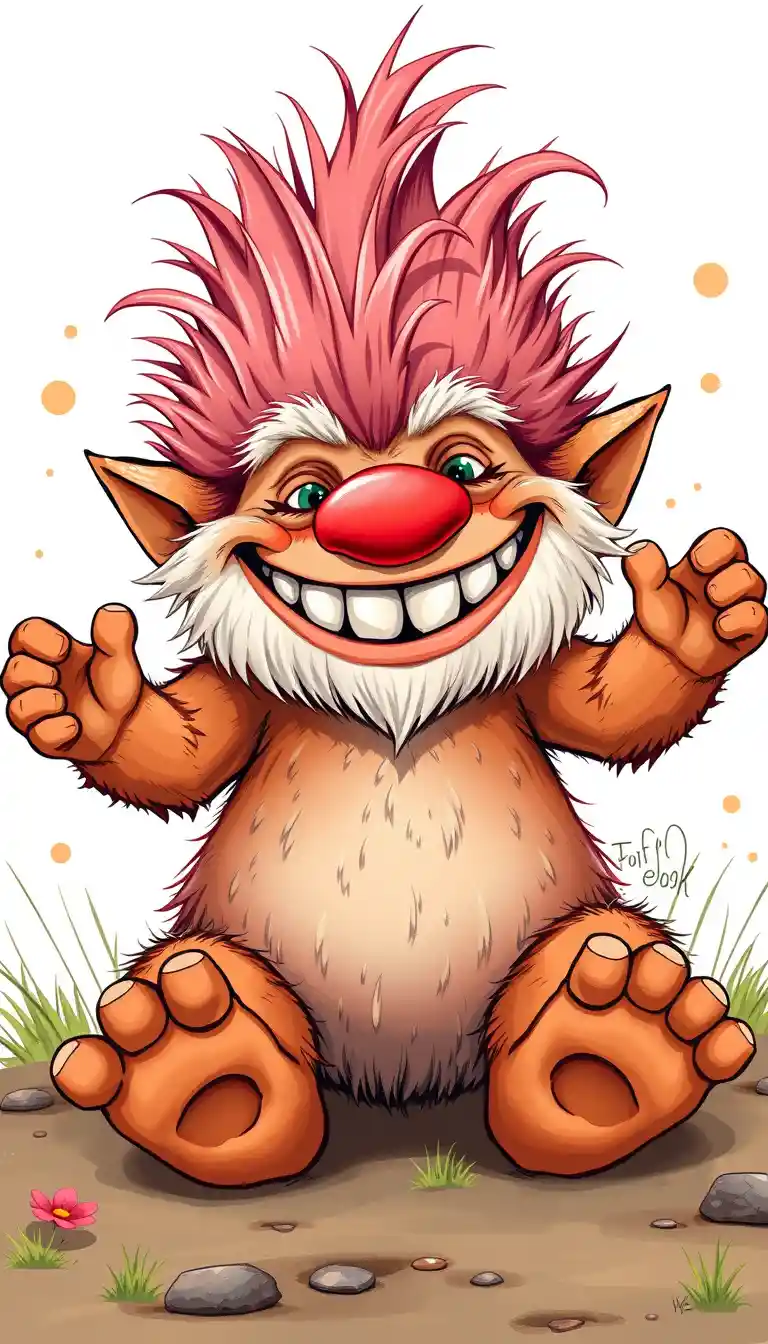 Fröhlicher Cartoon-Waldtroll mit flauschigem weißem Haar