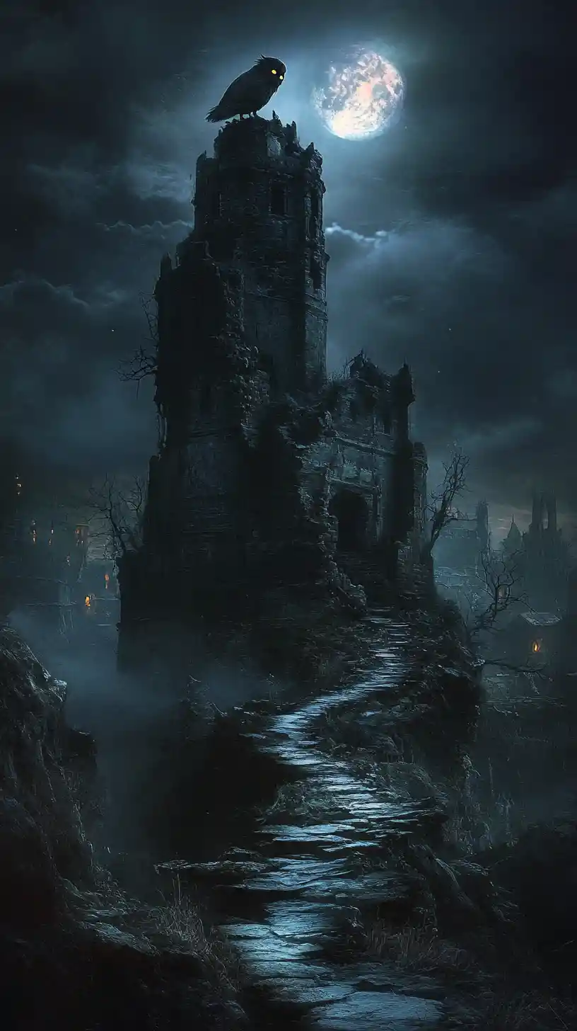 Búho fantasmal sobre un castillo en ruinas bajo la luz brillante de la luna