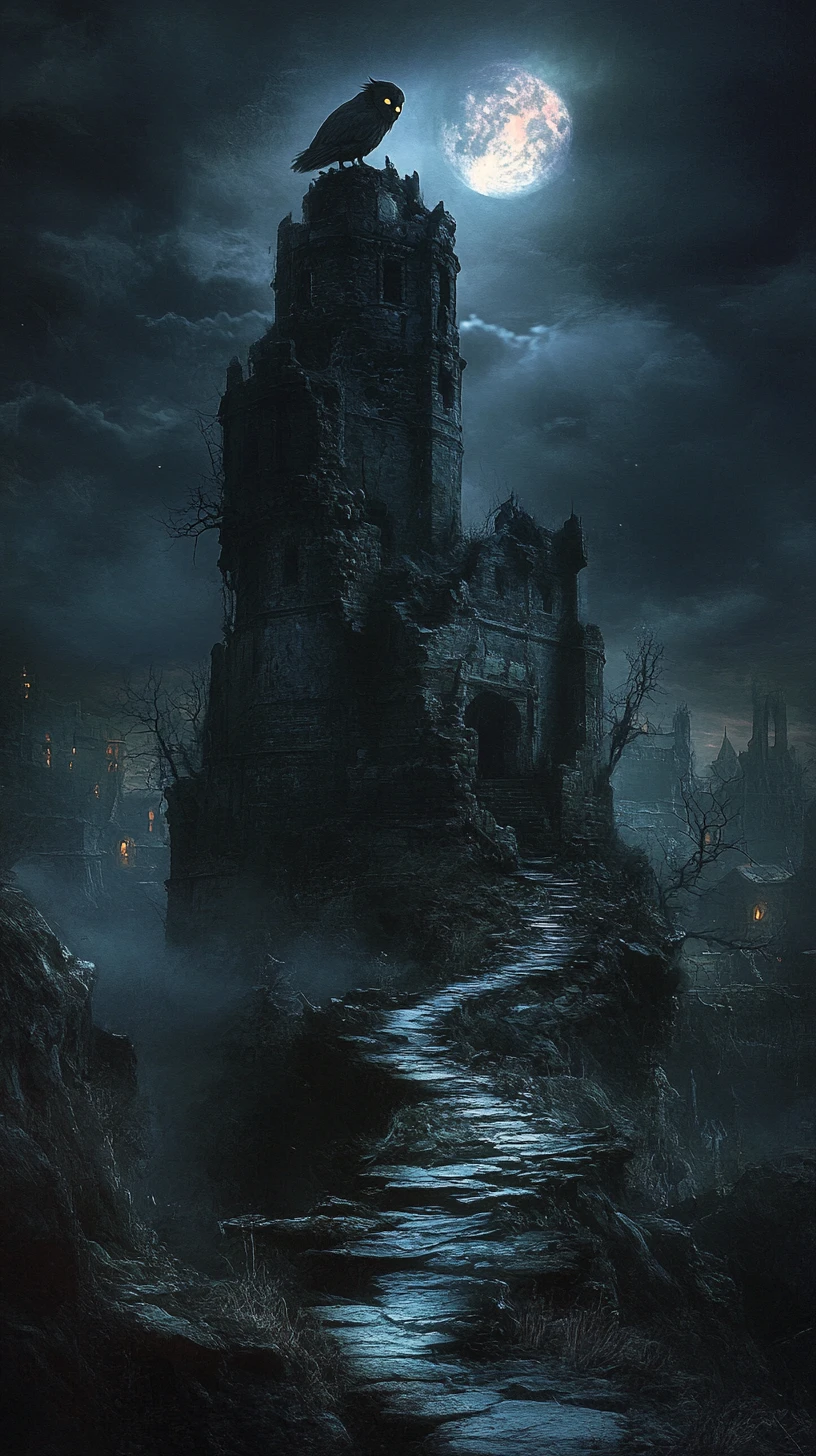 Búho fantasmal sobre un castillo en ruinas bajo la luz brillante de la luna