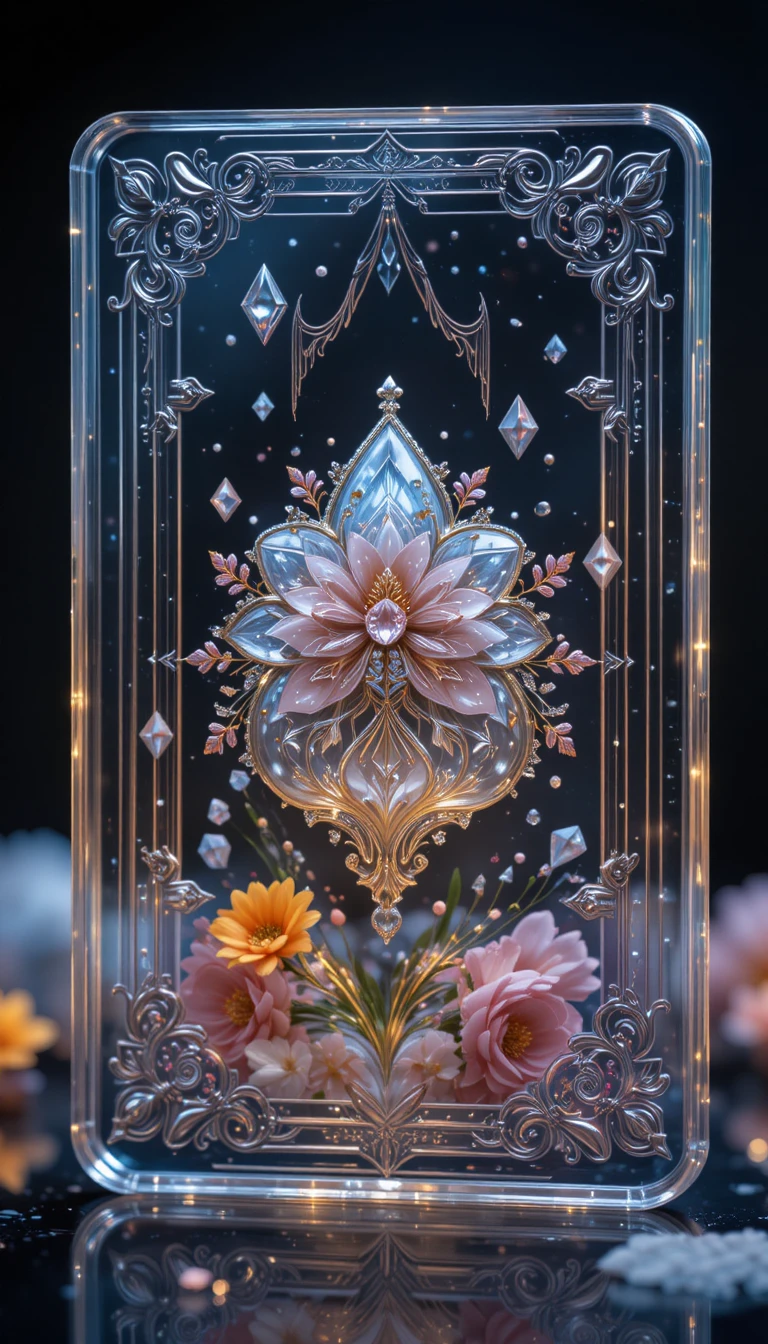 Carte en verre dame de carreau avec symbole floral sur fond sombre