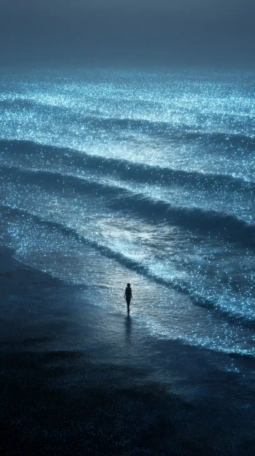 Afrofuturistic figure watching a glowing ocean of light