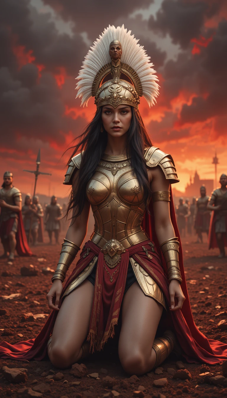 Legendary female warrior kneeling on a mystical battlefield