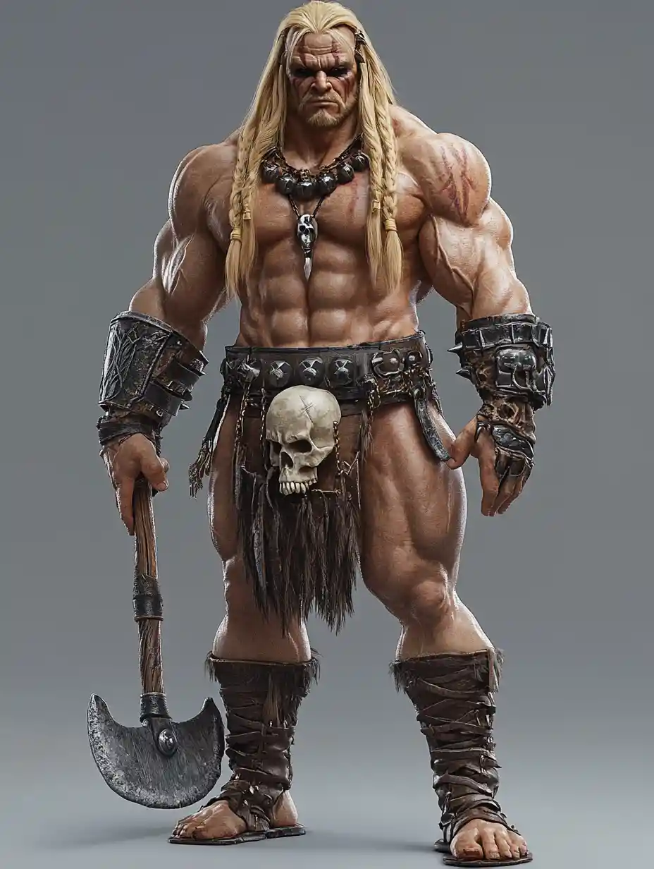 Massive muscular barbarian holding a battle axe in 3D