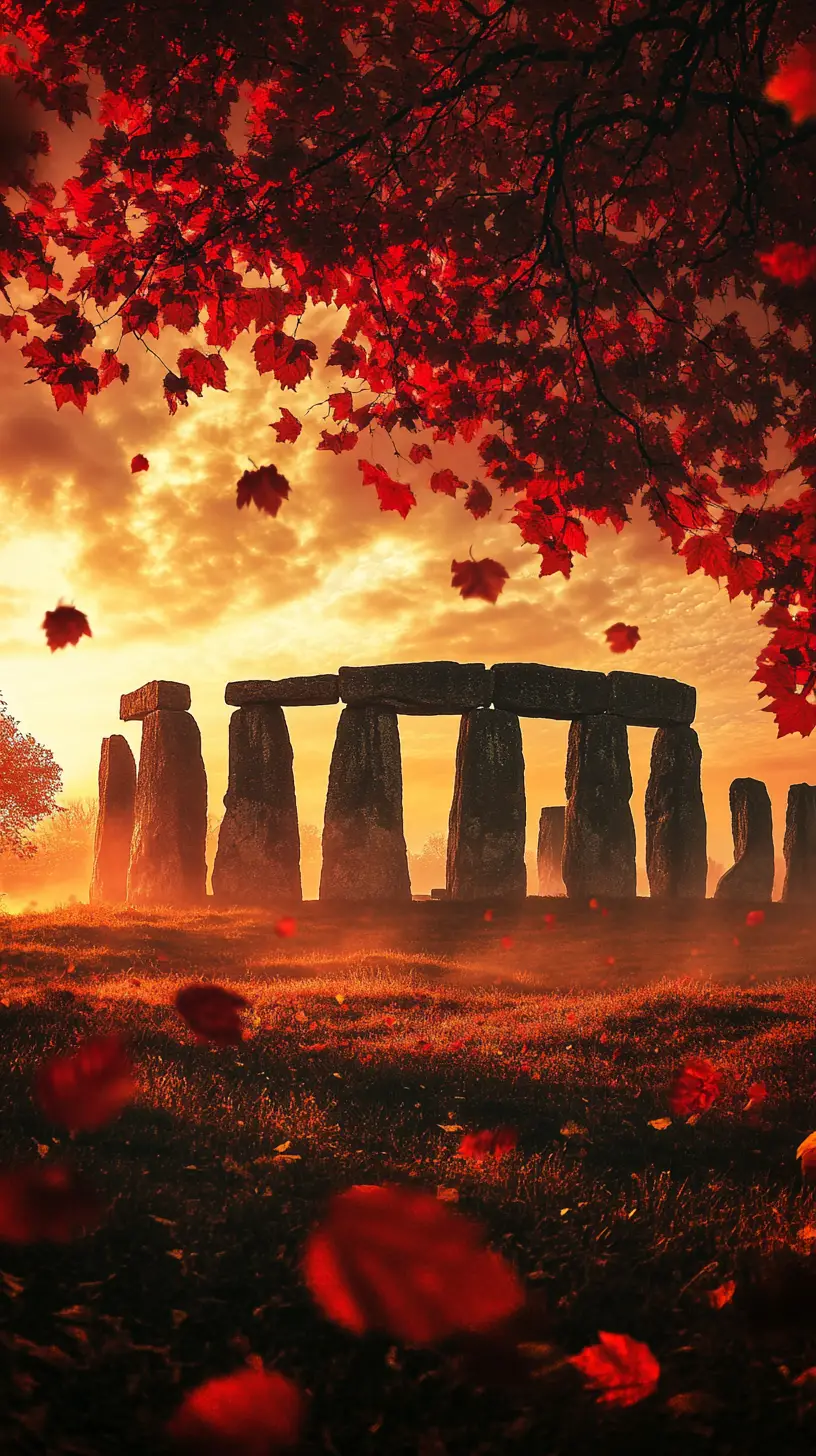 Surreal Stonehenge At Sunrise In Misty Autumn Landscape