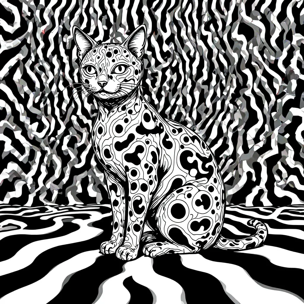 Trippy black and white cat doodle with abstract patterns
