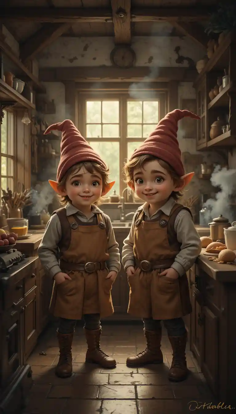 Cheerful halfling brothers in a warm farm kitchen