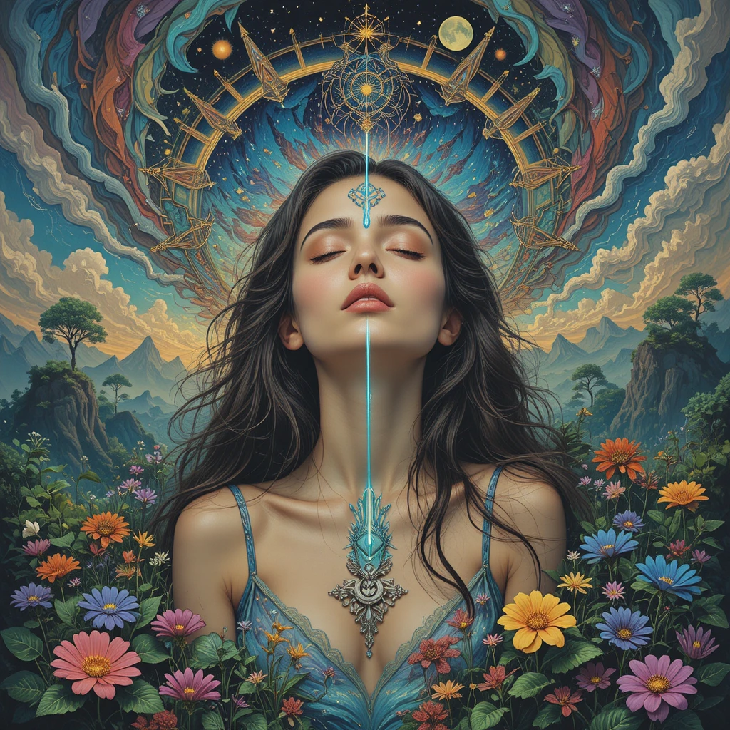 Serene woman in a psychedelic floral garden vision