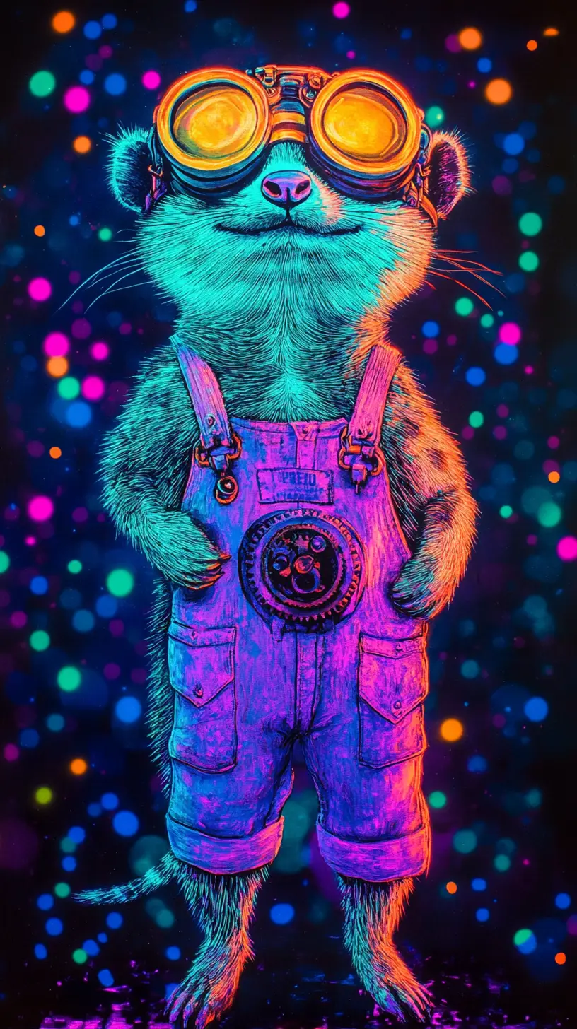 Cute fluorescent meerkat portrait with steampunk goggles