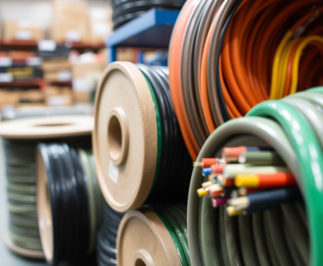 Colorful coils of thick electrical wire in warehouse