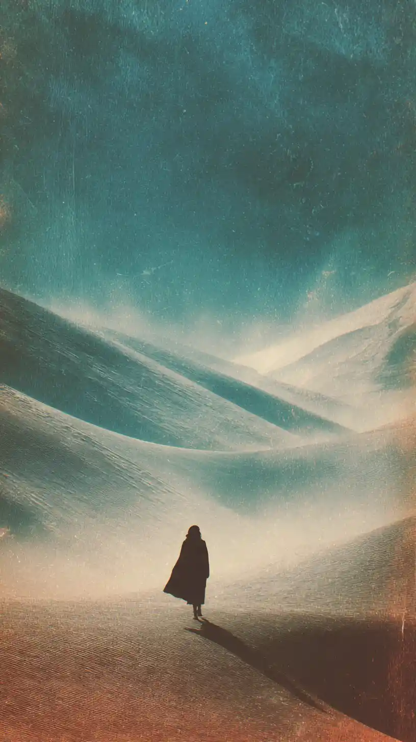 Surreal woman wandering alone in a vast desert dream