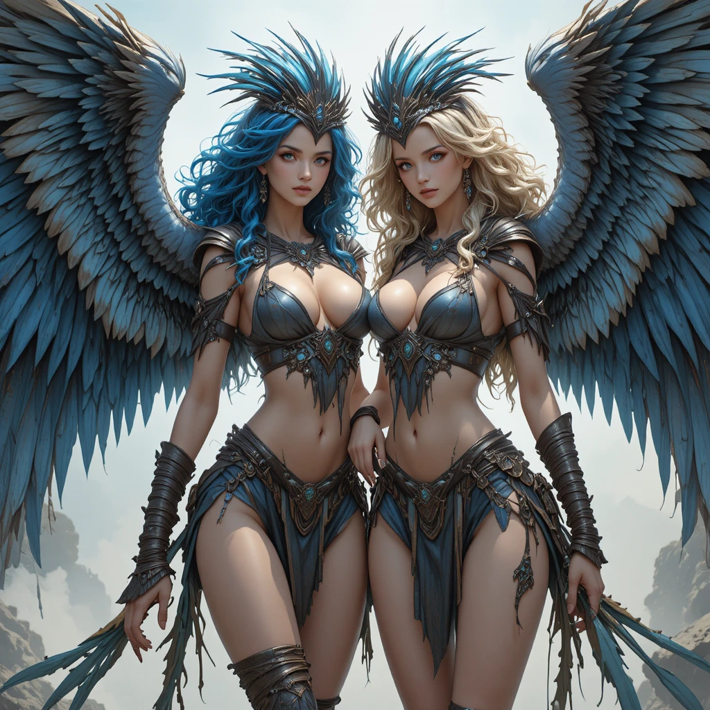 Due potenti arpie femminili in stile anime con ampie ali blu
