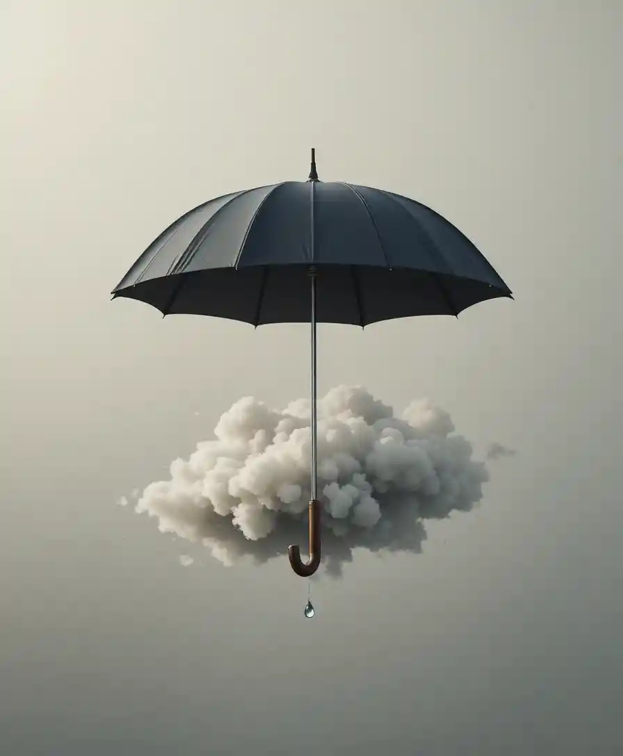 Black umbrella and cloud in a minimal surreal composition