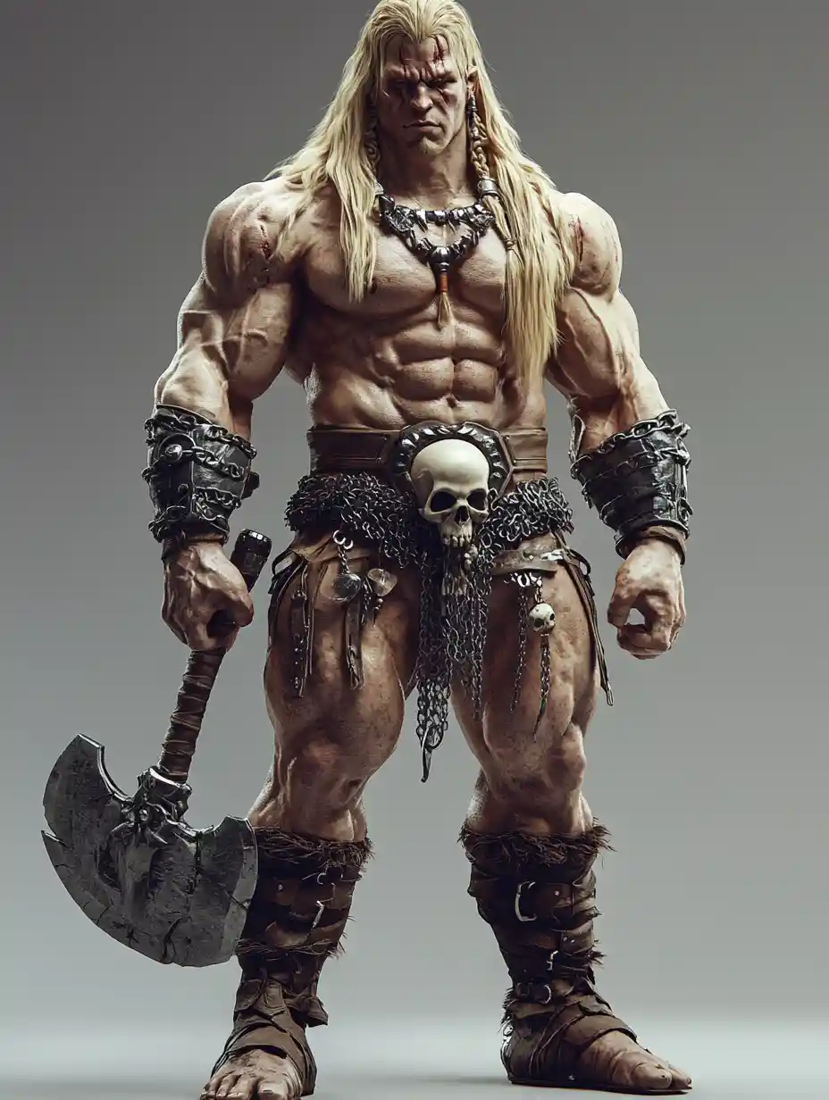 Guerrero bárbaro rubio y musculoso con hacha en render 3D