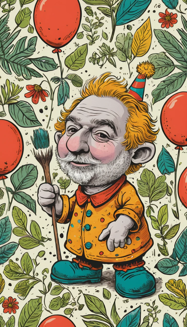 Joyful hairy forest troll with big red clown nose