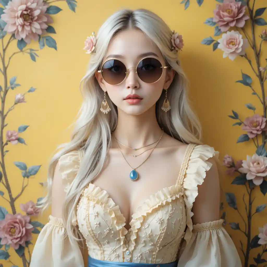 Young Asian girl in sunglasses by a floral yellow wall